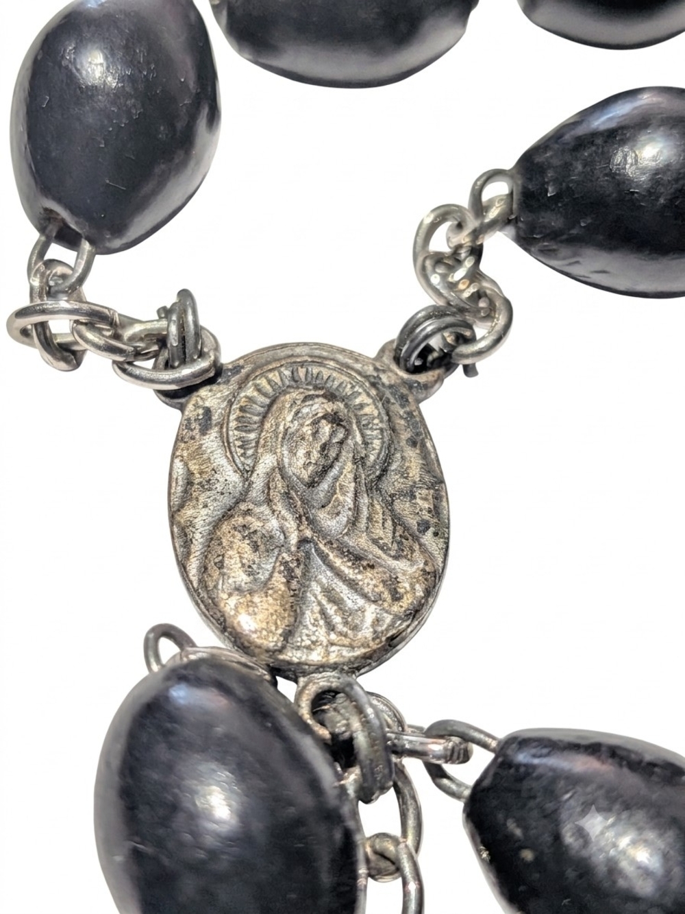Mid-Century Italian Black Wood Rosary Silver Tone Crucifix Sacred Heart - Picture 5 of 8
